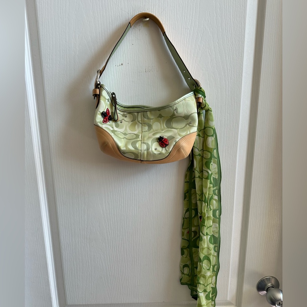 Coach Green and Tan Lady Bug Mini Bag with Scarf - Picture 7 of 9